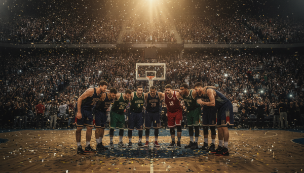Underdog basketball team huddl...