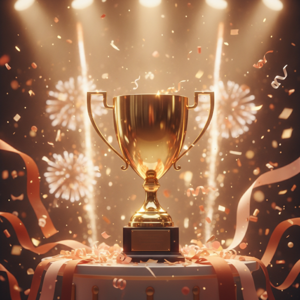 bright trophy with confetti, w...