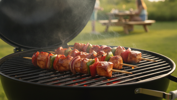 BBQ chicken skewers with peppe...