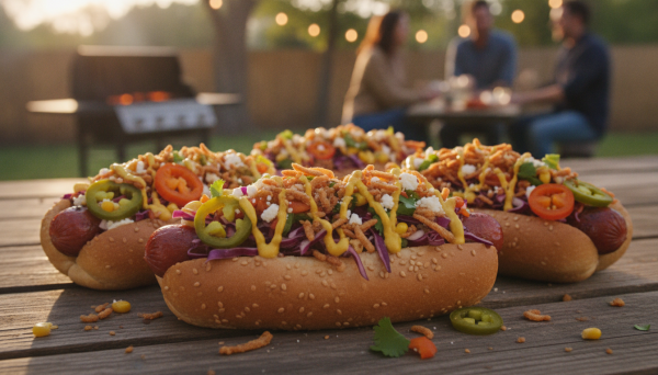 Loaded grilled hot dogs in bun...