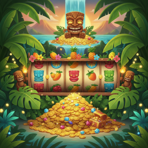 Playful tropical slot game art...