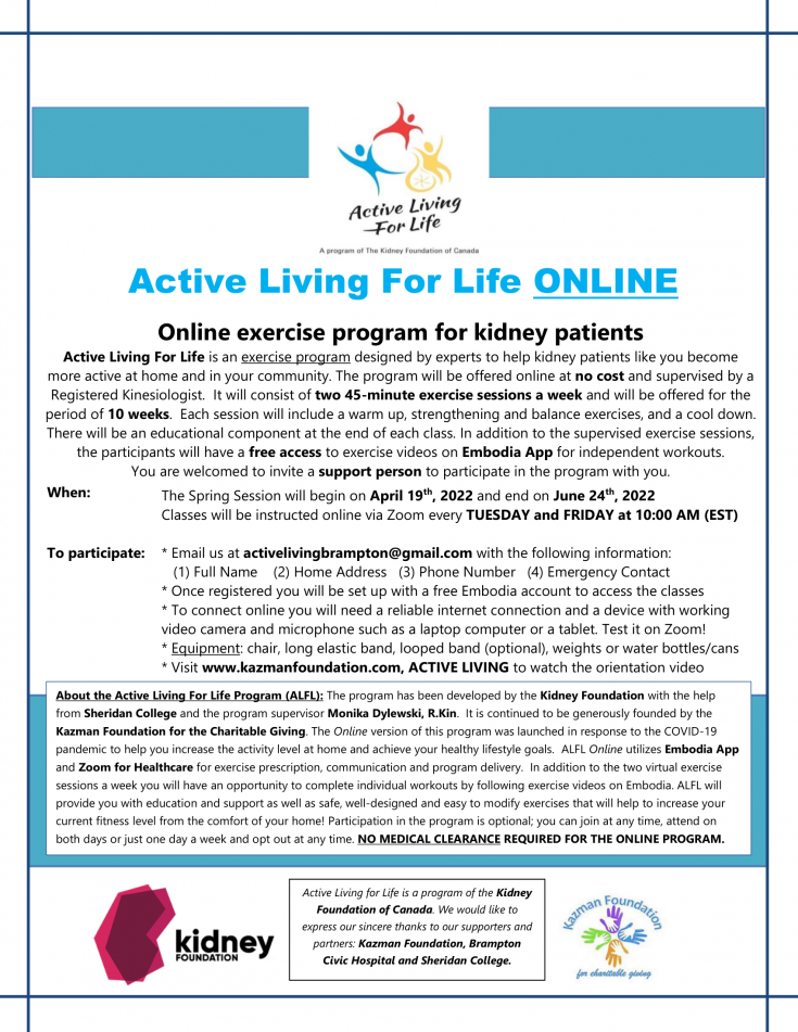 Email activelivingbrampton@gmail.com to register